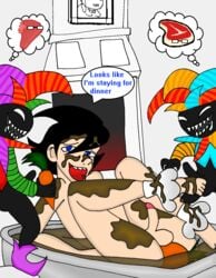 3boys anal_penetration apple_in_mouth black_hair black_skin blue_eyes cannibalism carrot cooking dialogue gay homestuck imp john_egbert male meat ms_paint_adventures multiple_boys naked penis roast sharp_teeth short_hair speech_bubble text thought_bubble turkey_booties white_eyes white_skin