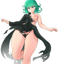 1girls areolae breasts female female_only green_hair nipples one-punch_man panties pubic_hair solo tatsumaki torn_clothes yotahen