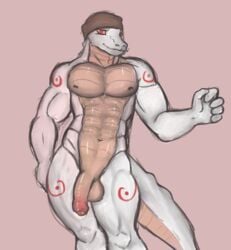 abs albino anthro balls biped crocodile crocodilian crocodylid foreskin genitals humanoid_genitalia humanoid_penis inabaart male markings muscular muscular_anthro muscular_male nude pecs penis red_eyes reptile scalie solo uncut