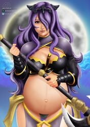 arrowdark axe belly_button big_belly big_breasts bra camilla_(fire_emblem) cleavage female fire_emblem fire_emblem_fates lipstick long_hair looking_at_viewer nintendo pregnant purple_eyes purple_hair skimpy_armor solo thick_thighs