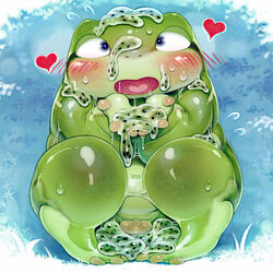 2020 amphibian anthro balls belly blush frog genitals green_body heart kdmn male navel overweight overweight_anthro overweight_male penis solo