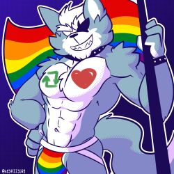 2022 abs anthro big_bulge big_muscles blue_background bodypaint bracelet bulge canid canine canis clothing collar eye_patch eyebrows eyewear fizzyjay flag fur hair hand_on_hip heart hi_res holding_flag holding_object jewelry jockstrap lgbt_pride looking_at_viewer male male_only mammal muscular muscular_anthro muscular_male navel nintendo obliques pecs pride_color_clothing pride_color_underwear pride_colors rainbow_flag rainbow_pride_flag rainbow_symbol retweet simple_background smile solo standing star_fox teeth text tuft twitter underwear url video_games wolf wolf_o'donnell