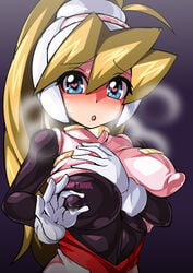 1girls big_breasts ciel_(mega_man) clothed_female female lactation mega_man mega_man_zero pinching_nipples semikichi tagme