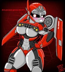 1girls alien alien_girl big_breasts breasts busty female female_only grey_body grey_skin looking_at_viewer looking_pleasured machine mechanical panties partially_clothed red_eyes red_panties robot robot_girl shatter_(transformers) solo solo_female text thick thick_legs thick_thighs transformers wings