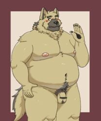 2021 anthro balls belly big_belly black_nose blush brown_body brown_fur canid canine canis domestic_dog flaccid fur genitals hi_res humanoid_genitalia humanoid_hands humanoid_penis kemono male mammal maron2475 moobs navel nipples overweight overweight_anthro overweight_male penis pubes simple_background solo