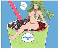 blue_background boba_tea covered_nipples dialogue drink food food_fetish food_play green_eyes green_hair kid_icarus licking_lips naked nintendo palutena tiaramisstsu