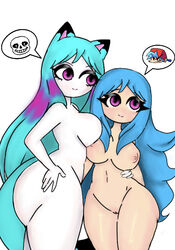 2boys 2girls aged_up animal_ears ass blue_hair boyfriend_(friday_night_funkin) breasts curvy female fox friday_night_funkin hat hourglass_figure long_hair melodythefoxprincess navel nipples nude purple_eyes purple_highlights pussy sans short_hair skeleton sky_(friday_night_funkin) speech_bubble thick_thighs undertale white_background white_skin wide_hips