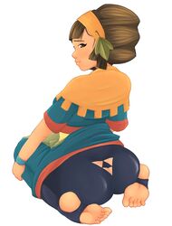 1girls ass barefoot brown_eyes brown_hair dress dress_lift feet female hands_on_legs headband kina_(skyward_sword) looking_back nintendo shawl short_hair simple_background skyward_sword slightly_chubby smile solo_female stirrup_legwear the_legend_of_zelda triforce unknown_artist white_background wide_hips