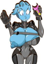 alien alien_girl animated asari blue_eyes blue_skin bodysuit breasts_out color colored colored-skinned_female colored_skin eddy_bear gif mass_effect roninsong tagme taser wardrobe_malfunction