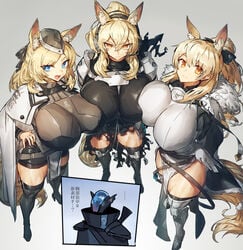 3girls arknights armor asymmetrical_docking big_breasts blemishine_(arknights) blonde_hair blue_eyes breasts cape cleavage curvaceous curvy female_focus headphones horse_ears horse_tail huge_breasts looking_back mature_female melon22 muscular_female nearl_(arknights) ponytail thick_thighs thighhighs thighs voluptuous whislash_(arknights) yellow_eyes