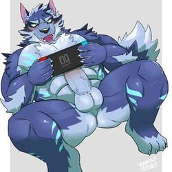 absurd_res anthro balls blue_body blue_fur blush canid canine canis erection fur gaming genitals hi_res humanoid_genitalia humanoid_penis long_tongue male male_only mammal muscular muscular_anthro muscular_male nintendo nintendo_switch nude penis perineum playing_videogame solo tindalos_(tokyo_afterschool_summoners) tokyo_afterschool_summoners tongue v2wolf vein veiny_penis video_games wolf