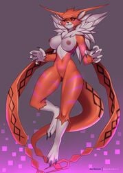 2021 absurd_res anthro areola big_breasts biped breasts digimon digimon_(species) doomthewolf female fur genitals hi_res meicrackmon nipples orange_body orange_fur pussy red_eyes simple_background solo white_body white_fur