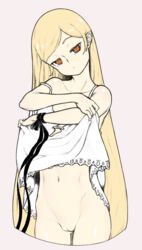 1girls bakemonogatari blonde_hair bottomless female female_only flat_chest fvin0812 hairless hairless_pussy kizumonogatari looking_at_viewer monogatari_(series) oshino_shinobu pointy_ears pussy small_breasts undressing vampire very_long_hair white_dress yellow_eyes young young_female young_woman