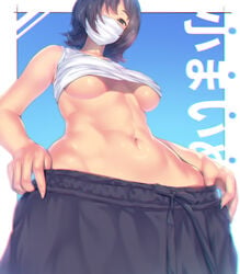 a.x. abs belly breasts female from_below highres looking_at_viewer mask shirt short_hair solo stomach underboob