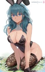 1girls alternate_costume animal_ears aqua_hair bangs bare_thighs black_gloves blue_eyes breasts brown_legwear bunny_ears bunny_girl bunnysuit byleth_(fire_emblem) byleth_(fire_emblem)_(female) choker cleavage coat coat_on_shoulders commentary english_commentary eyebrows_visible_through_hair fake_animal_ears female female_only fire_emblem fire_emblem:_three_houses gloves hair_between_eyes highres human kneeling large_breasts leggings long_hair looking_at_viewer medium_breasts medium_hair miraihikari nintendo playboy_bunny sideboob signature smile swimsuit teal_hair thighhighs thighs