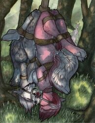 4_toes canid canine canis day detailed_background digitigrade feet forest fur gag grass hi_res mammal original original_character original_characters outside pink_body pink_fur plant rope ruaidri sophie_fenrisdottir syandene toes tree trio wolf