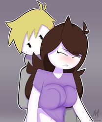 1boy biting_lip blush breast_grab_from_behind brown_hair bubjones closed_eyes eyebrows_visible_through_hair female grabbing_breasts grabbing_from_behind gray_background jaiden jaiden_animations long_hair male nervous purple_shirt that_airport_guy white_skin yellow_hair youtube youtuber