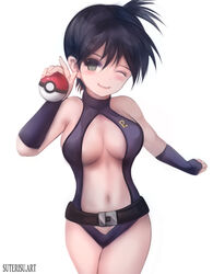 1girls black_hair blush breasts dark_hair female female_only gloves green_eyes kasumi_(pokemon) legs misty_(pokemon) misty_(the_electric_tale_of_pikachu) one-piece_swimsuit pokeball pokemon pokemon_(manga) solo suterisu swimsuit the_electric_tale_of_pikachu