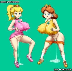 2girls bedroom_eyes big_breasts blonde_hair breasts brown_hair clothing crown cum cum_drip cum_in_pussy dress erect_nipples female female_only grey_impact huge_breasts jewelry large_breasts licking_lips mario_(series) mario_tennis multiple_girls nintendo nipples nipples_visible_through_clothing panties_around_legs panties_around_one_leg princess_daisy princess_peach spaca spacascaleno