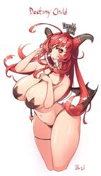 bare_shoulders belly bow death_patch demon_girl demon_horns destiny_child eye_patch glowing hades_(destiny_child) harry_(dudwofla) highres horns large_breasts looking_at_viewer navel panties parted_lips red_eyes red_hair solo thick_thighs tongue wings