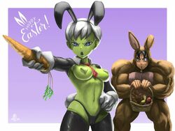 1boy 1girls broly broly_(dragon_ball_super) bunny_ears bunny_girl bunny_tail bunnysuit carrot cheelai dragon_ball dragon_ball_super dragon_ball_super_broly easter_bunny easter_bunny_(cosplay) elitenappa female female_focus green_skin heart_pasties male necktie necktie_between_breasts no_eyewear tagme