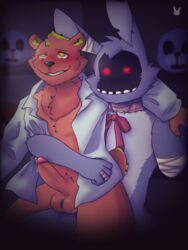 <3_eyes animatronic bandage bear bonnie_(fnaf) brown_fur five_nights_at_freddy's five_nights_at_freddy's_2 fnaf gay green_eyes half-dressed hornbunxx humanoid_penis lagomorph looking_pleasured male male/male male_only original_character precum purple_fur rabbit red_bowtie red_eyes robot tears tears_of_pleasure ursid withered_bonnie