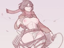 1girls abs attack_on_titan big_breasts black_hair buff demimond23 female female_focus female_only flashing mikasa_ackerman muscular_female nipples open_clothes open_shirt opening_shirt pants_down red_scarf scarf short_hair solo solo_female solo_focus sweat thick_thighs