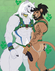 anthro ass balls black_hair black_hair_bottom black_lips black_tongue body_hair bracelet butt_grab canid canine canis clothing collar domination erection facial_hair fangs felid fur furry furry_only gay genitals grin hair hand_on_butt happy_trail harness hi_res humanoid_genitalia humanoid_penis jewelry jockstrap licking licking_lips light_hair_on_dark_hair lion lips male mammal muscular muscular_male nails pantherine penis ponytail pubes pyro29 rayliicious sharp_teeth smile tan_body tan_fur tattoo teeth tongue tongue_out underwear white_body white_fur white_hair white_hair_on_black_hair white_hair_top wolf