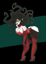 1girls ass bent_over bigdad black_hair boots breasts cartoon_network cleavage clothed female female_focus female_only fishnets garter_belt garter_straps green_eyes green_sclera hair_over_one_eye heels high_heel_boots large_breasts leaning_forward looking_at_viewer pale_skin powerpuff_girls red_boots sedusa smile smirk solo stockings tentacle_hair thick_thighs thigh_boots white_skin wild_hair