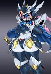 1girls android black_breasts black_panties black_skin black_underwear blue_eyes blue_nipples blush cameltoe female forehead_jewel gradient green_sclera gundam humanoid hybrid jewelry mecha multicolored_skin nipples no_mouth panties pink_hair pochincoff robot robot_girl sd_gundam sd_gundam_gaiden sword tied_hair topless underwear valkyrie_gundam_hazel weapon white_skin