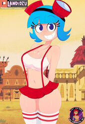 1girls 2:3 areola_slip areolae arms_behind_back bare_shoulders belly blue_eyes blue_hair breasts cleavage clenched_teeth clothed clothing crop_top detailed_background el_tigre eyebrows_visible_through_hair eyelashes female female_only frida_suarez goggles goggles_on_head headwear hi_res landidzu latina light-skinned_female light_skin looking_at_viewer medium_breasts navel nickelodeon open_smile overalls paramount_pictures patreon patreon_username short_hair skimpy skimpy_clothes skirt standing teeth thick_thighs thighhighs thighs viacom watermark wide_eyed