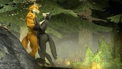 3d_(artwork) absurd_res anthro canid canine canis digital_media_(artwork) duo female forest fox hand_on_chest hands_on_waist hi_res holding_(disambiguation) hug larger_male leaf liberarsi love male male/female male_anthro male_anthro/female_anthro mammal muscular muscular_female petruz_(copyright) plant romantic size_difference smaller_female source_filmmaker tree wolf