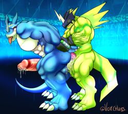 anthro balls big_penis blue_body blue_skin bodily_fluids bulkmon claws cum cum_inside digimon digimon_(species) digital_media_(artwork) duo erection exveemon gay genital_fluids genitals grabbing_from_behind hi_res horn huge_cock humanoid_genitalia humanoid_penis invalid_tag male male/male male_only male_penetrated male_penetrating male_penetrating_male muscular muscular_anthro muscular_male nude penetration penis sex simple_background smile video_games vox_glass yaoi