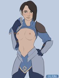 armor aunt_amaya bare_chest breasts confident female_only kalruna looking_at_viewer nipples partially_clothed scar_on_cheek short_hair smile the_dragon_prince