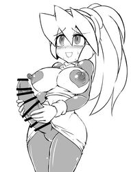 1futa areolae big_breasts blush breasts ciel_(mega_man) clothed clothing erect_nipples erection futa_only futa_sans_balls futanari human intersex mega_man mega_man_zero mostly_clothed pasties penis puffy_nipples semikichi solo spiral_eyes standing sweat