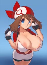 2021 areolae bandana big_areola big_breasts big_nipples bikini_top blue_background blue_eyes brown_hair censored commission daytime female female_focus female_only gloves hi_res highres huge_areolae huge_nipples looking_up may_(pokemon) mystical nintendo outside plantpenetrator pokemon pokemon_rse simple_background smile white_bikini white_skin