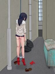 alley asphyxiation dead death female_death female_only garbage garbage_bags garbage_bin hair_ribbon hanged loose_hair medium_hair miniskirt panties_down red_socks rope shirt shirt_unbuttoned shoes shoes_removed snuff socks suicide sweater