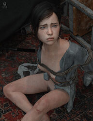 1girls 3d bottomless bottomless_female breasts brown_hair bush clothing cute ellie_(the_last_of_us) ellie_williams eyebrow_slits female female_only freckles green_eyes hairy_pussy half_naked lesbian light_skin naughty_dog open_clothes open_shirt pale_skin ponytail pubes pubic_hair pussy rikopin skinny slim solo solo_female tagme teenager the_last_of_us tied_hair tied_up worried