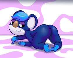 2017 abstract_background animal_crossing anthro anus ass bedroom_eyes blue_body blue_hair female fur genitals hair hi_res koala looking_back lying mammal marsupial narrowed_eyes nintendo nude on_front pink_background pussy seductive simple_background solo video_games vombatiform yuka_(animal_crossing) yukacutiekoala