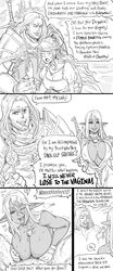 1boy 2girls armor bb_(baalbuddy) big_breasts breasts cheating cleavage comic cuckquean cum cum_on_closed_eye dark-skinned_female dark_elf dark_skin elf erect_nipples facial fantasy female funny glans gloves human interspecies knight large_breasts line_art male male_human/female_elf monochrome nipple_bulge paizuri penis pointy_ears pubic_hair smile smiling tagme tongue tongue_out