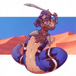 1girls 2021 armor big_breasts breasts bursting_breasts cleavage color desert detailed_background female female_only hair_over_one_eye huge_breasts lamia leather leather_armor leather_straps long_hair monster_girl n647 original original_character purple_hair serious snake solo sword tail tan tan_skin thin_waist voluptuous