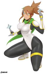 big_breasts breasts brown_hair clothed crouching green_eyes kaos_art looking_at_viewer ninja oc original original_character ponytail rika_dimensional_ninja shuriken skin_tight thick_thighs unusual_pupils watermark