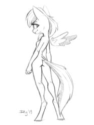 anthro anthrofied black_and_white equid equine eyelashes female friendship_is_magic hair hasbro looking_back mammal monochrome my_little_pony nude pegasus qrog rainbow_dash_(mlp) smile standing straight_hair wings