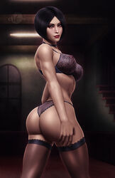 1girls ada_wong ada_wong_(adriana) alternate_version_available artist_name ass black_hair black_lingerie bra brown_eyes bubble_butt butt capcom choker dat_ass deviantart english_text eyeshadow female female_focus female_only human human_only lace-trimmed_panties lace-trimmed_thighhighs light-skinned_female light_skin lingerie looking_at_viewer makeup martaino no_eyewear open_eyes panties red_lips red_lipstick resident_evil resident_evil_2 resident_evil_2_remake see-through_bra see-through_panties short_hair standing stockings text thighhighs thong uncensored underwear voluptuous