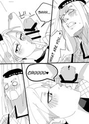 1boy 1girls blush braided_hair censored doujinshi dyed_hair fishnets hat head_on_lap heart jojo's_bizarre_adventure jolyne_kujo kissing_penis long_hair monochrome narciso_anasui penis speech_bubble stone_ocean sweat text