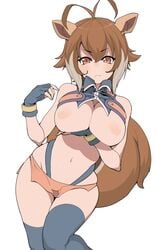 1girls ahoge animal_ears arc_system_works blazblue brown_hair double_ahoge frown henyaan_(oreizm) large_breasts makoto_nanaya oreizm short_hair solo squirrel squirrel_ears squirrel_humanoid squirrel_tail tail thick_thighs thighhighs underboob