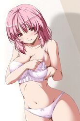 adjusting_clothes bare_arms bare_shoulders blush bra breasts cleavage closed_mouth collarbone cowboy_shot dutch_angle eyebrows_visible_through_hair female frown groin large_breasts looking_at_viewer navel nori_tamago panties pink_bra pink_hair pink_panties shiny shiny_hair short_hair solo standing stomach touhou underwear underwear_only yuyuko_saigyouji