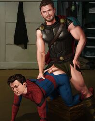 2boys brown_hair celebrity chris_hemsworth dark_hair doggy_style flaccid gabo_artist gay human human_only imminent_anal imminent_sex light-skinned_male light_skin loincloth male male_only marvel marvel_cinematic_universe mature mature_male muscular peter_parker spandex spider-man spider-man_(series) spider-man_(tom_holland) superhero thor:_ragnarok thor_(marvel) thor_(series) tom_holland yaoi