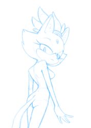 anthro ass blaze_the_cat breasts domestic_cat eyelashes felid feline felis female forehead_jewel gem half-closed_eyes looking_back mammal monochrome nude ponytail qrog sketch sonic_(series) standing tail