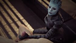 3d alien_girl asari big_penis black_eyes blue_skin bluelight hand_on_penis handjob hypnosis interspecies mass_effect mass_effect_3 morinth pale-skinned_male partial_male